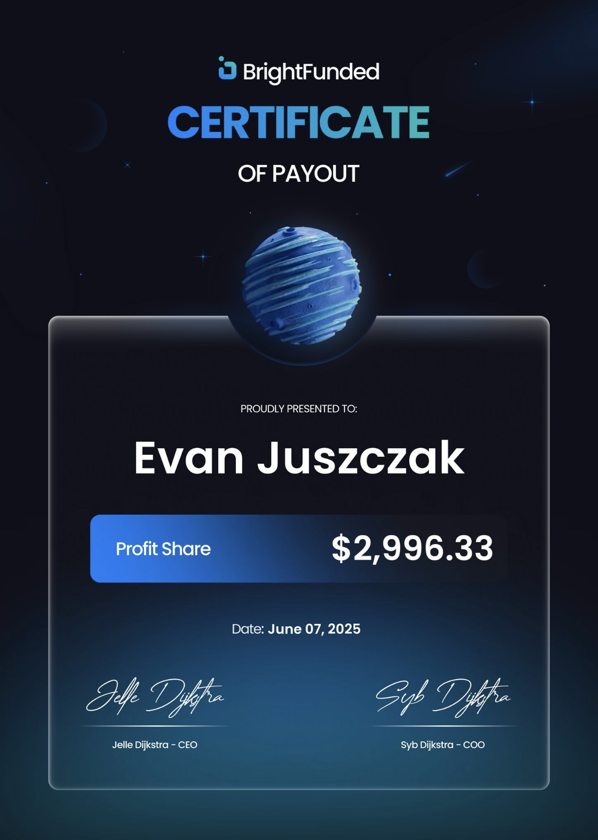 BrightFunded certificate of payout