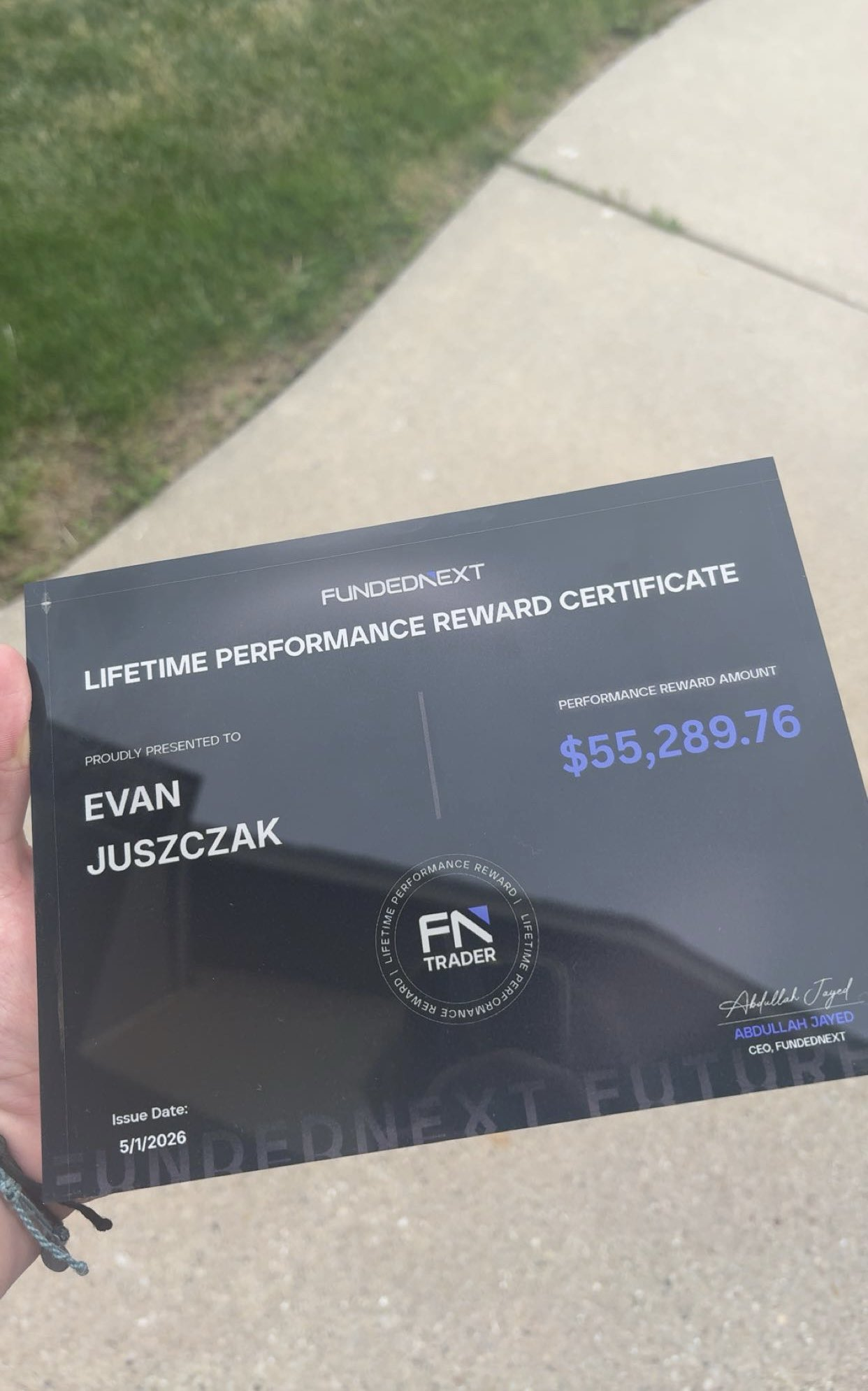 FundedNext lifetime performance reward certificate