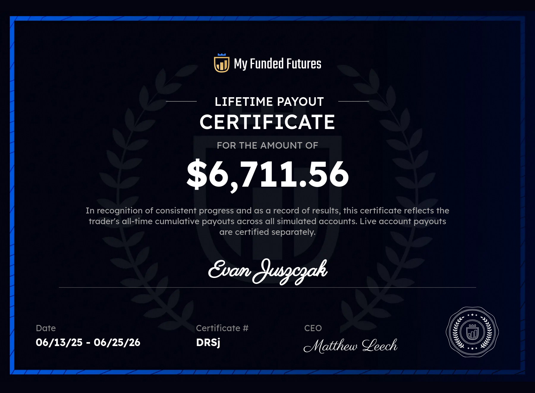 MyFundedFutures lifetime payout certificate