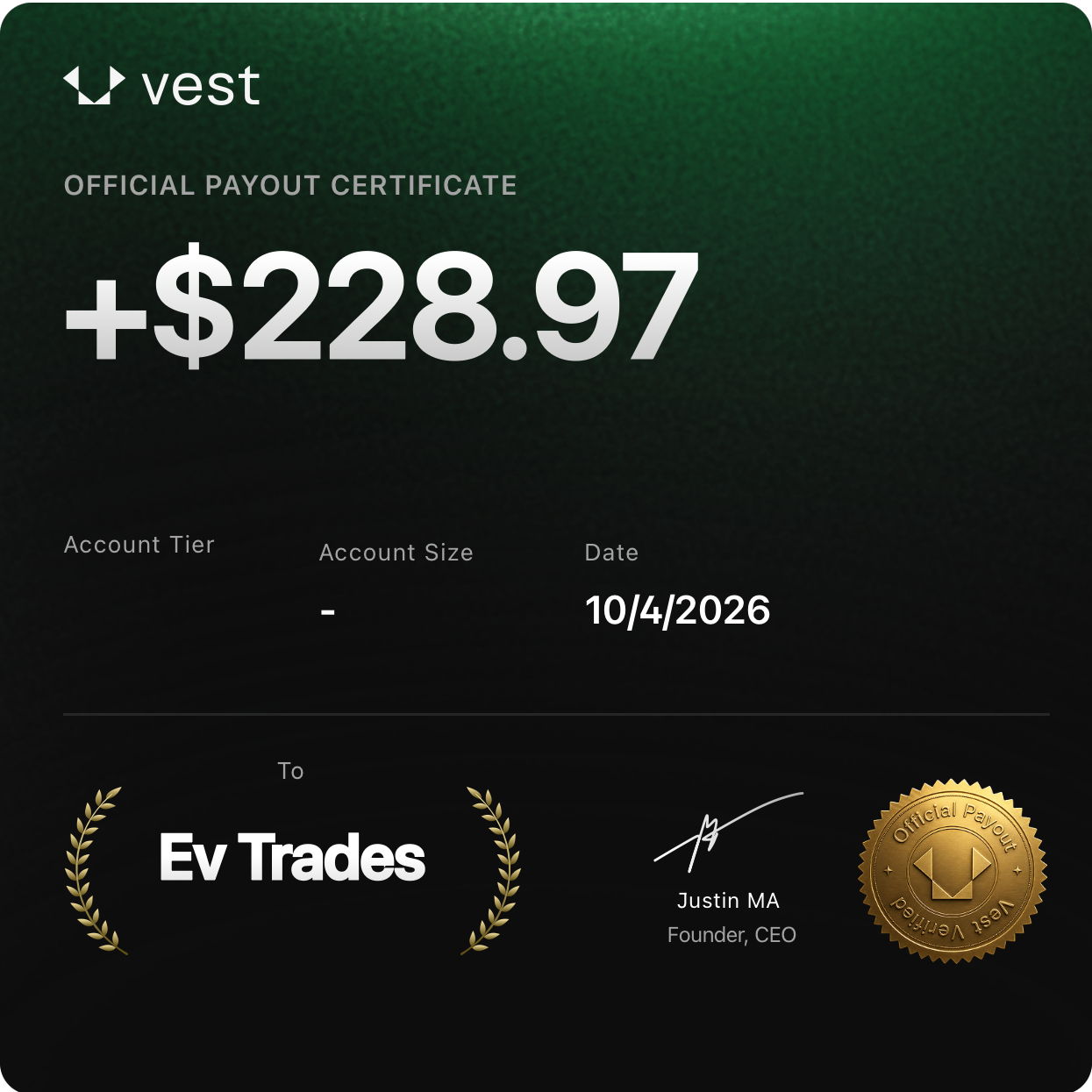 Vest official payout certificate
